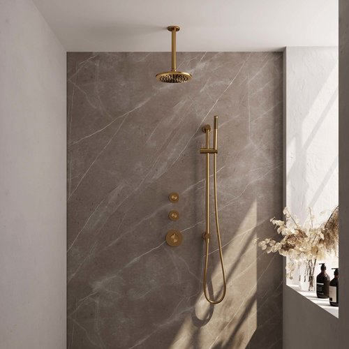 Regendoucheset Inbouw Brauer Gold Edition Thermostatisch 20cm met Plafondarm, Glijstang en Handdouche Staaf Losse Stopkranen Geborsteld Goud 