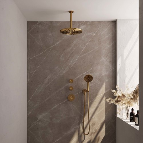 Regendoucheset Inbouw Brauer Gold Edition Thermostatisch 30cm met Plafondarm en Handdouche 3-Standen Losse Stopkranen Geborsteld Goud 
