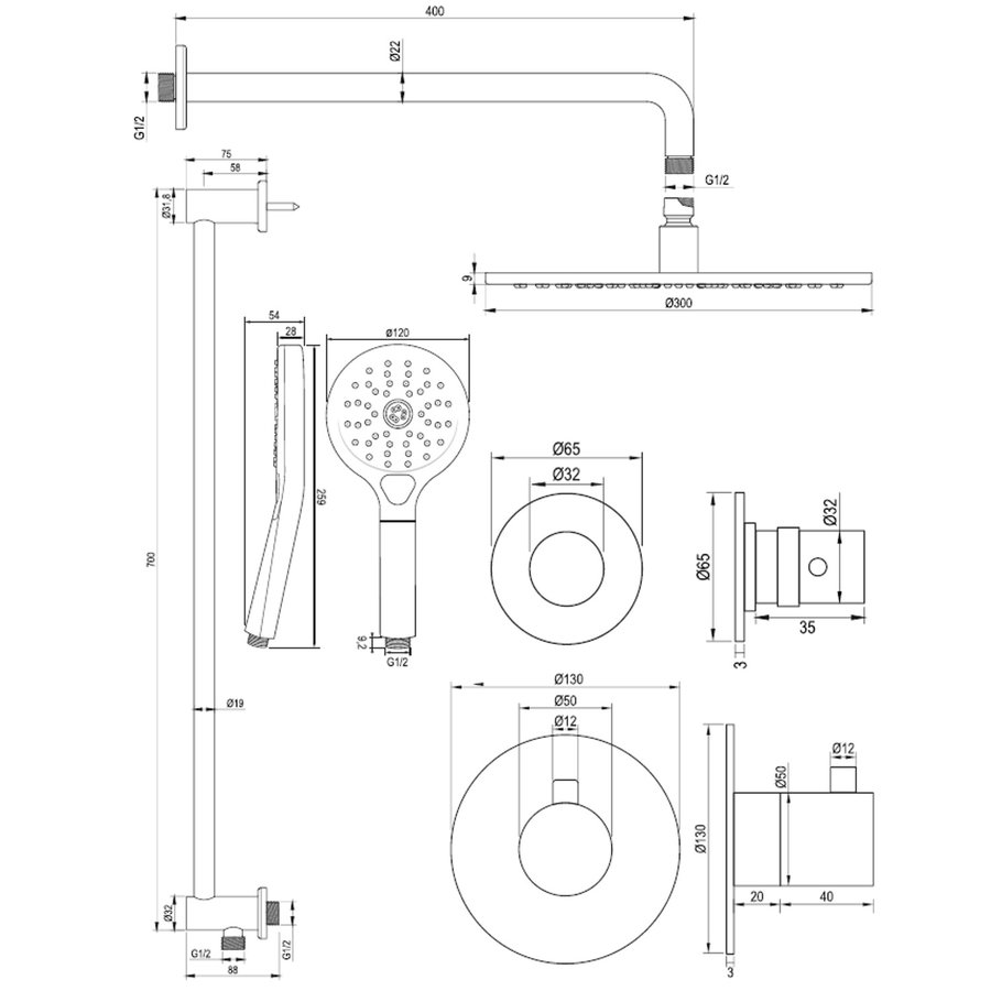 Inbouw Regendouche Set Brauer Copper Edition Gebogen Wanduitloop Ronde Hoofddouche 30 cm Met Twee Stopkranen Glijstang en Handdouche 3 Standen Koper