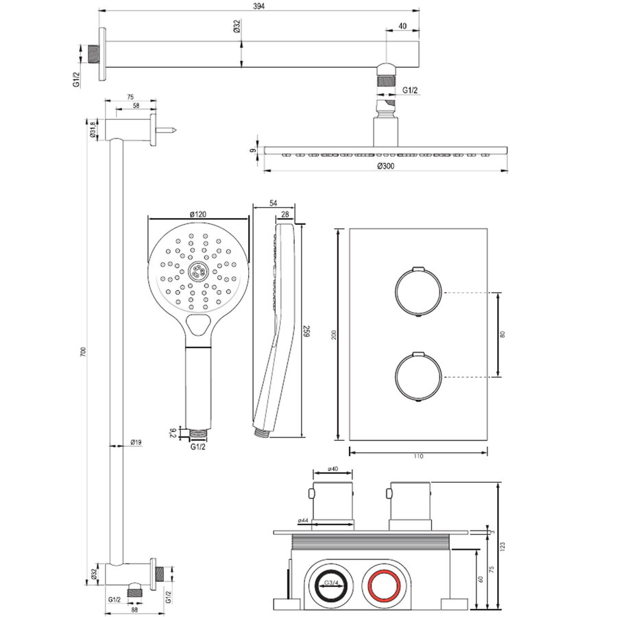 Inbouw Regendouche Set Brauer Copper Edition Wanduitloop Ronde Hoofddouche 30 cm Met Glijstang en Handdouche 3 Standen Koper