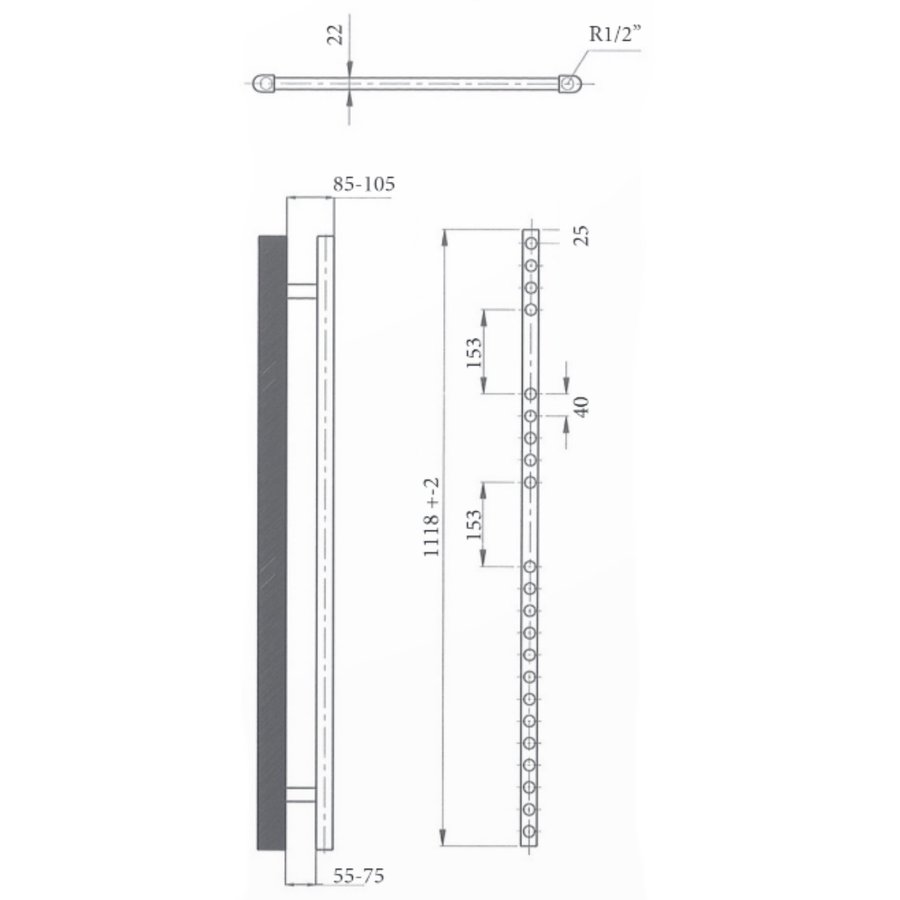 Elektrische Design Radiator Sanicare Plug & Play 111,8x45 cm Chroom 596 Watt Met Chroom Thermostaat Links