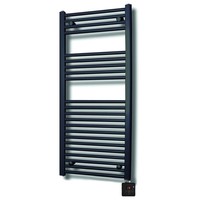 Elektrische Design Radiator Sanicare Plug & Play 111,8x45 cm Mat Zwart 596 Watt Met Chroom Thermostaat En Bluetooth Links