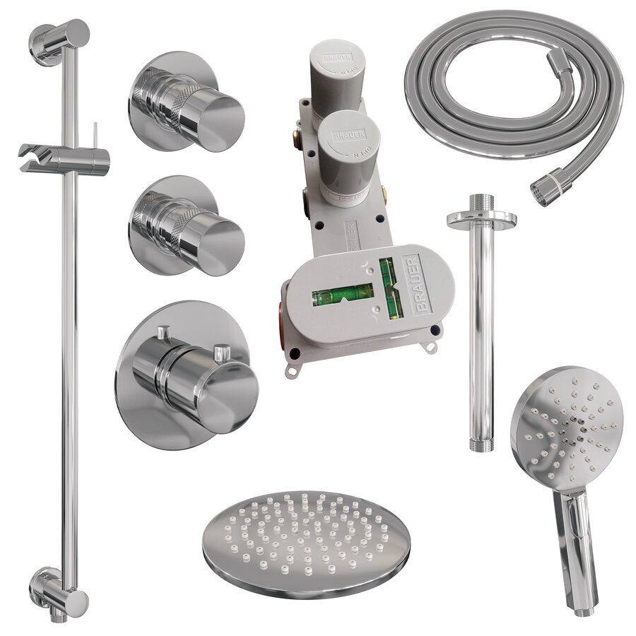Regendoucheset Inbouw Brauer Chrome Edition Thermostatisch 30cm met Wandarm, Glijstang en Handdouche 3-Standen Losse Stopkranen Chroom