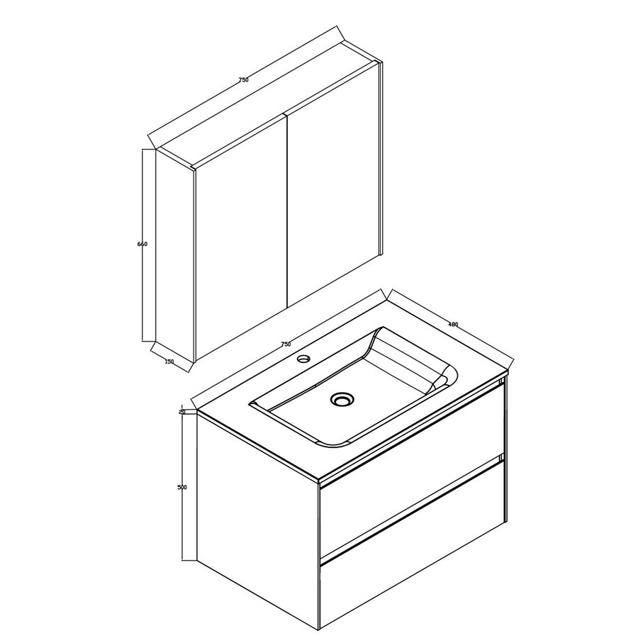 Badkamermeubelset Sanimar Murcia 75 cm Inclusief Spiegelkast Wit