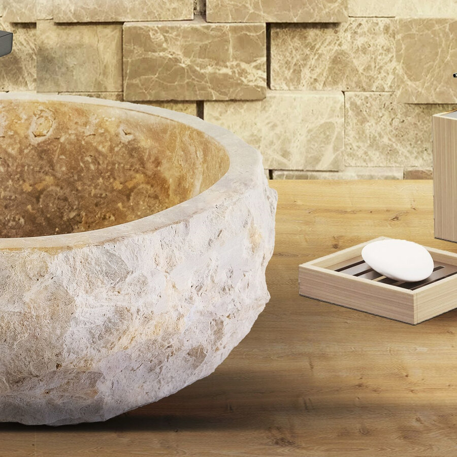 Waskom BWS Stone Rond 35x35x15 cm Met Gepolijste Binnenzijde Natuursteen Creme