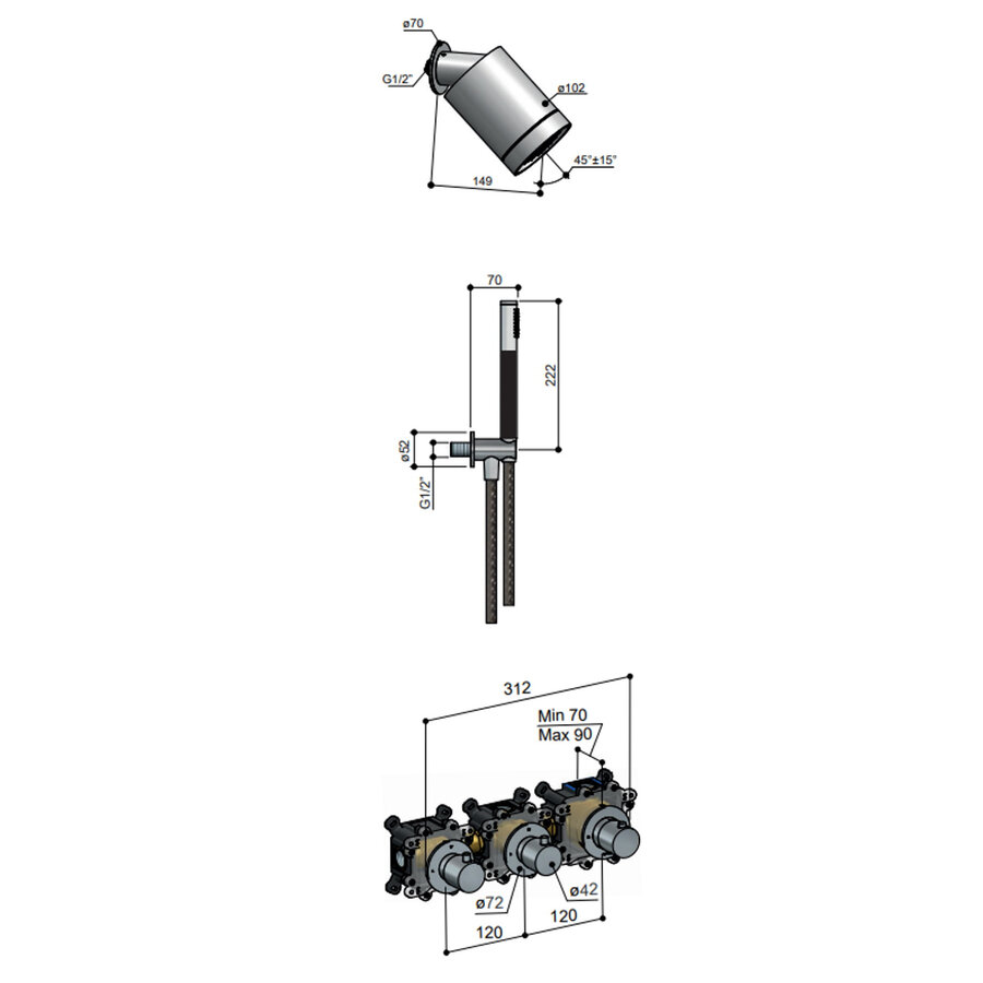 Complete Thermostatische Douche InBouwSet Hotbath Archie Met 2 stopkranen En Beam RVS316