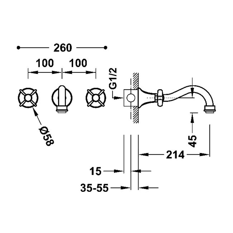 Wastafelmengkraan Tres Clasic Inbouw Kruisgreep Verouderd Messing Mat