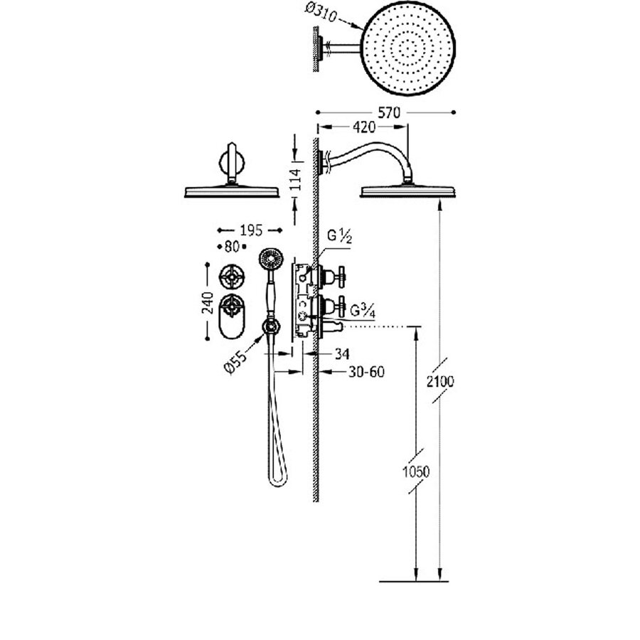 Regendoucheset Tres Clasic Thermostatische Inbouw 2-Wegs Verouderd Messing Mat