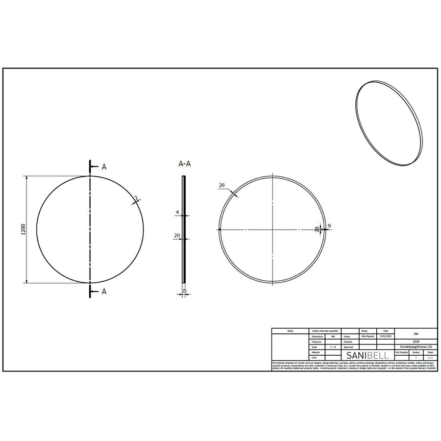 Ink Spiegel Rond Geborsteld Koper Aluminium Kader 120 x 3,5 cm