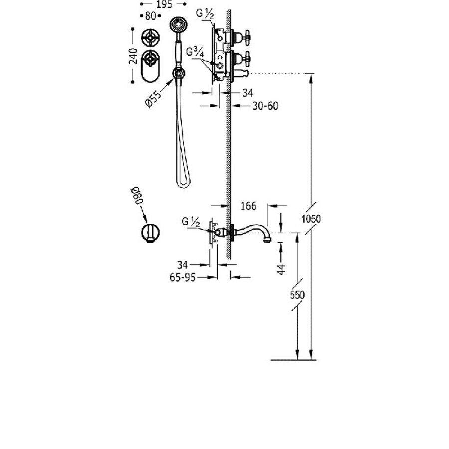 Badkraan Tres Clasic Thermostatisch Inbouw Incl. Handdouche Verouderd Messing