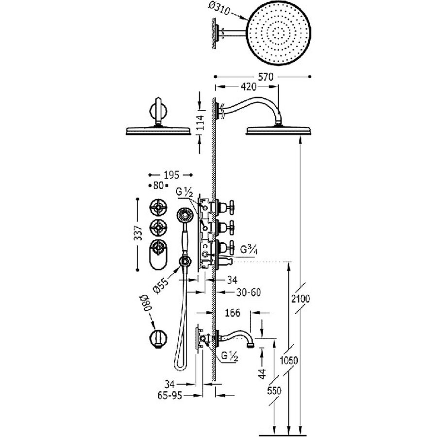 Badkraan Tres Clasic Thermostatisch Inbouw Incl. Regendouche 3-wegs Verouderd Messing Mat