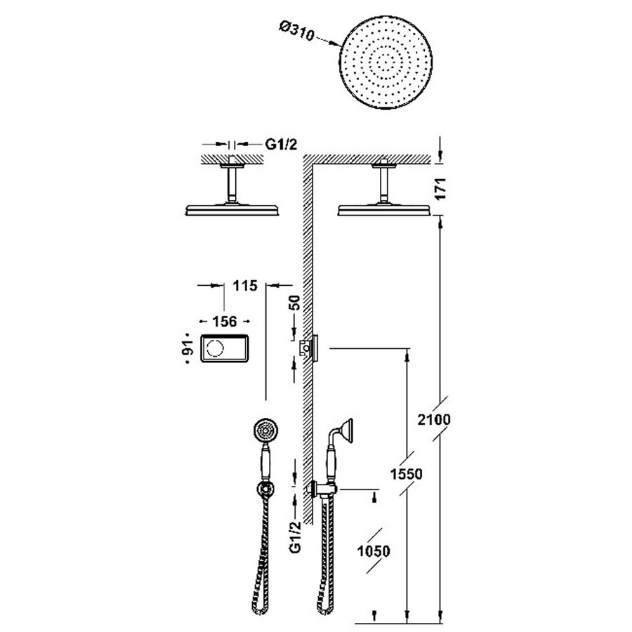 Regendoucheset Tres Clasic Inbouw Elektronische Thermostaat Incl. Handddouche Plafondarm Verouderd Messing