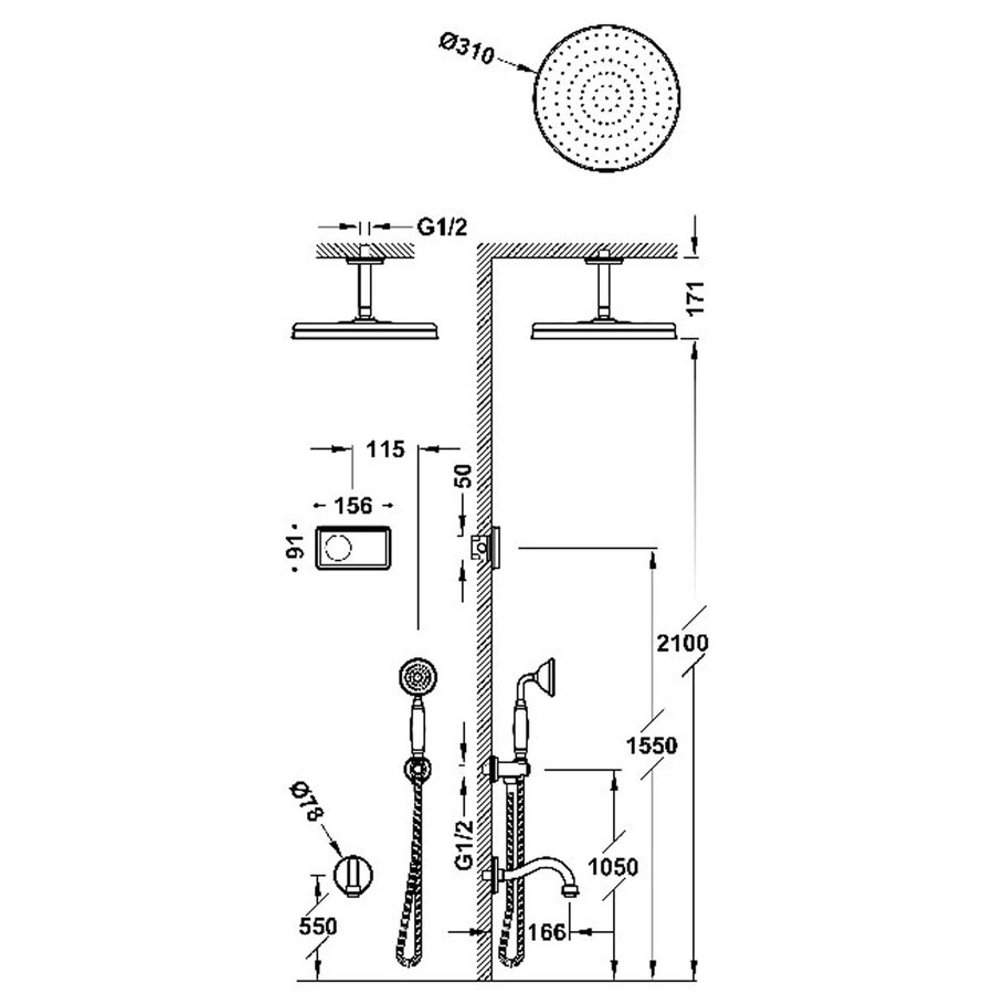 Regendoucheset Tres Clasic Inbouw Plafondarm Elektronische Thermostaat Incl. Handddouche 3-weg Verouderd Messing Mat