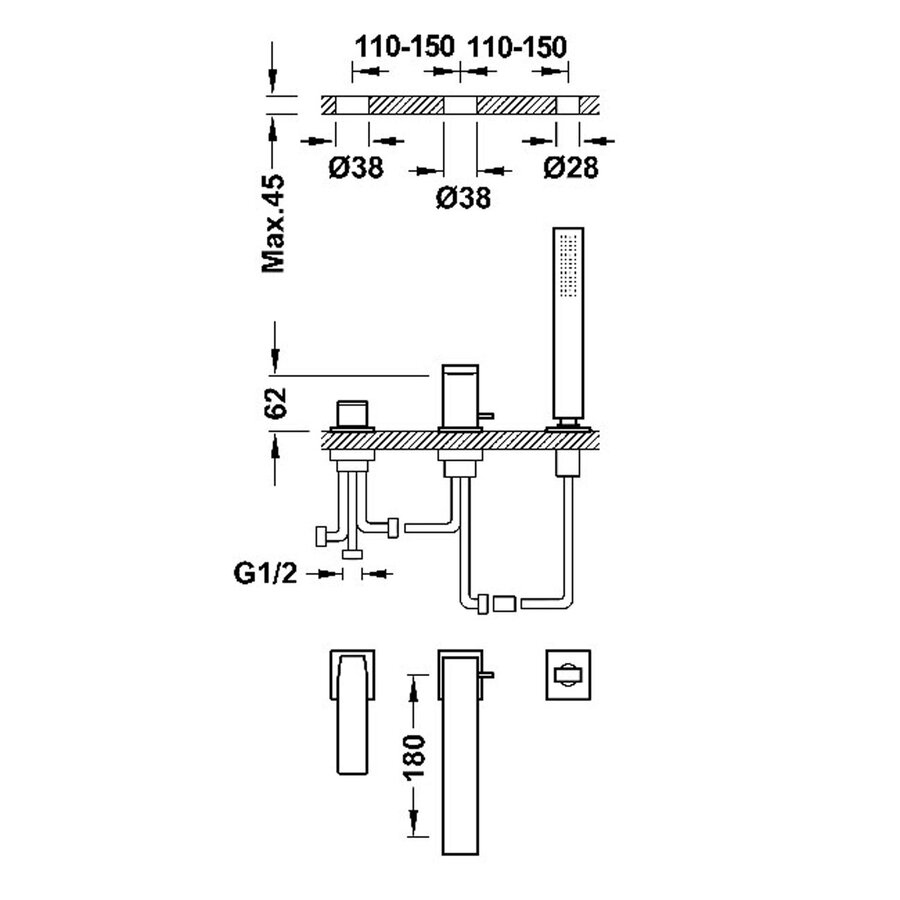 Badrandkraan Tres Slim Exclusive met Handdoucheset Rechte Uitloop 18 cm Goud