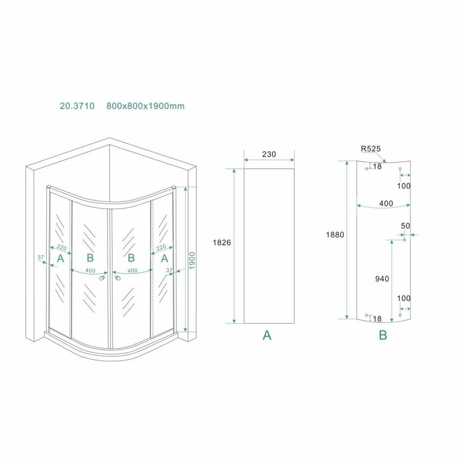 Douchecabine Aktie Kwartrond 80X80X190 Cm 5Mm Helder Glas