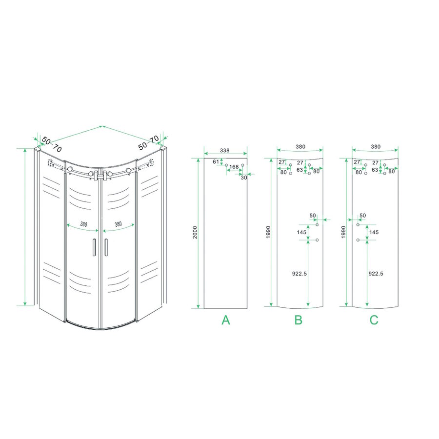 Wiesbaden 1/4 r. cabine 2 schuifdeuren 900x900x2000 chr.8mm NANO