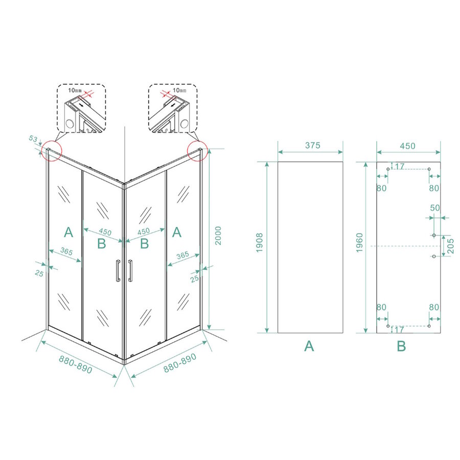 Douchecabine Wiesbaden Skyline Hoekinstap + 2 Schuifdeuren 90x90x200 cm 8mm Helder Glas NANO Coating Mat Zwart