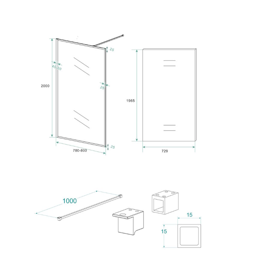 Inloopdouche Wiesbaden Square Stabilisatiestang Nano Coating 80x200 cm 10 mm Mat Zwart