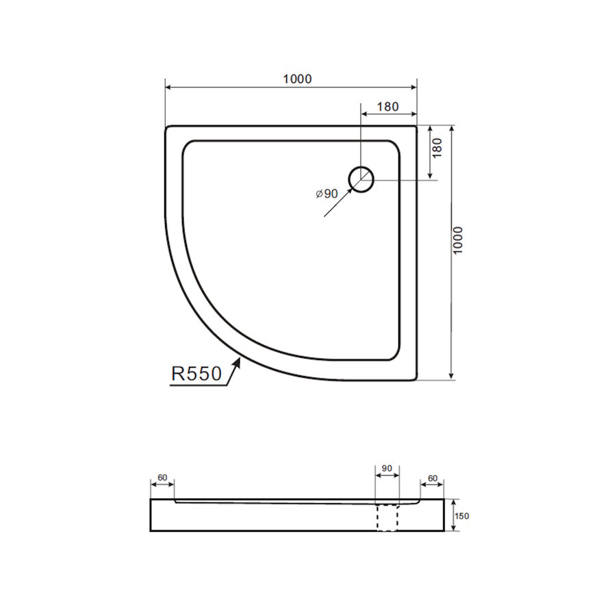 Douchebak Boss & Wessing Veroni Kwartrond 100x100x15cm Acryl Wit