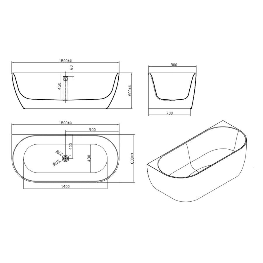 Half Vrijstaand Bad Sanilux Moon 180x80x60 cm Wit
