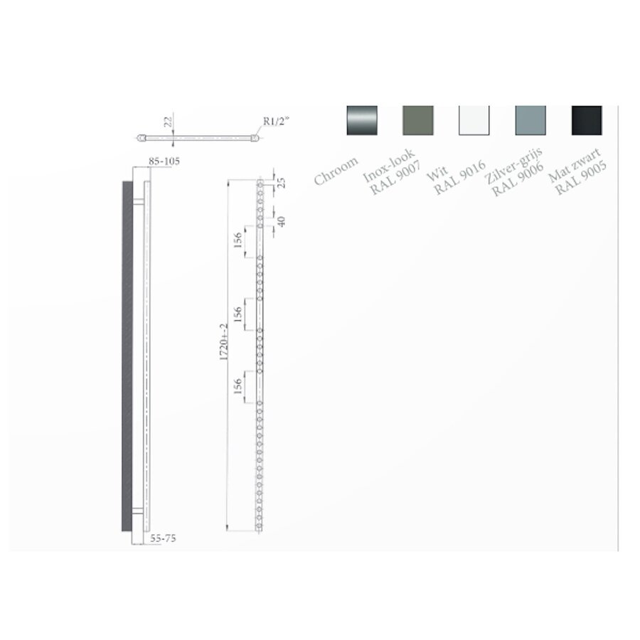 Radiator Sanicare Snode Met Wifi 172 x 60 cm Zilver Grijs Met Thermostaat Zwart