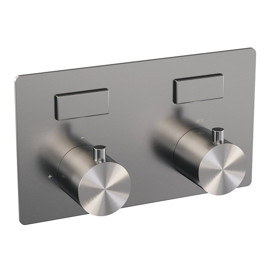 Thermostatische Inbouw Regendouche Brauer Brushed Edition Met Drukknoppen SET 57 Met 20 Cm Douchekop En Gebogen Muurarm En 3-Standen Handdouche En Doucheslang En Wandaansluitbocht RVS Geborsteld PVD