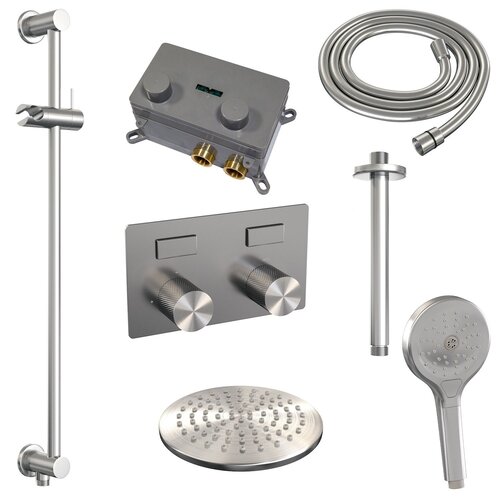 Thermostatische Inbouw Regendouche Brauer Carving Edition Met Drukknoppen SET 71 Met 20 cm Douchekop En Plafondarm En Staaf 3-Standen Handdouche En Doucheslang En Geintergreerde Glijstang RVS Geborsteld PVD 
