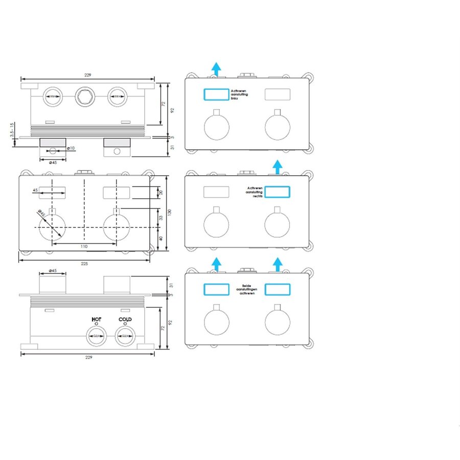 BRAUER Brushed Edition thermostatische inbouw badkraan met drukknoppen SET 04 met badvulcombinatie en 3-standen handdouche en doucheslang en wandaansluitbocht RVS geborsteld PVD