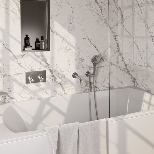 BRAUER Brushed Edition thermostatische inbouw badkraan met drukknoppen SET 04 met uitloop en 3-standen handdouche en doucheslang en wandaansluitbocht RVS geborsteld PVD 