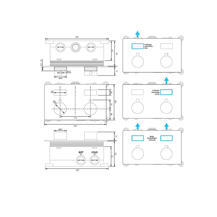 BRAUER Brushed Edition thermostatische inbouw badkraan met drukknoppen SET 04 met uitloop en 3-standen handdouche en doucheslang en wandaansluitbocht RVS geborsteld PVD