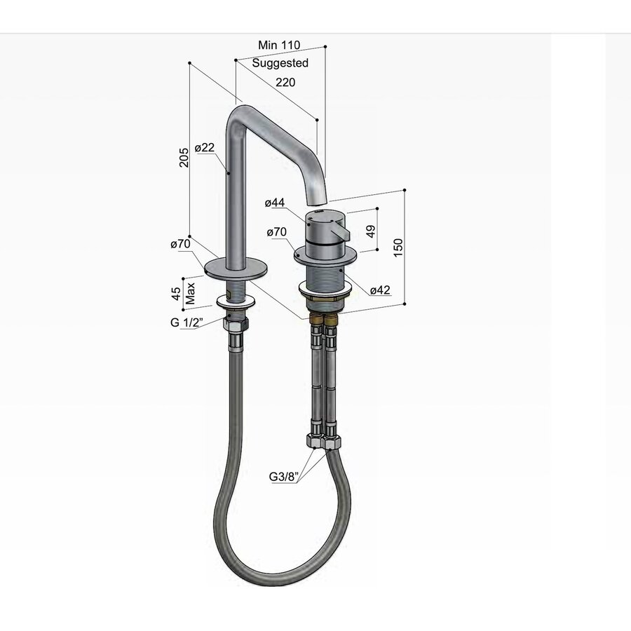 Wastafel Mengkraan Hotbath ace 2-gats Met draaibare uitloop 20 cm Geborsteld Koper PVD