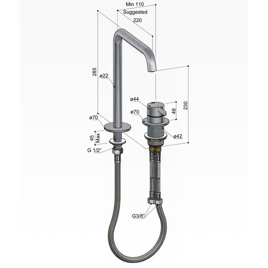 Wastafel Mengkraan Hotbath ace 2-gats Met draaibare uitloop 28 cm Geborsteld Koper PVD