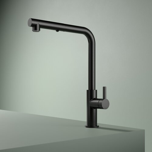 Keukenmengkraan Hotbath Ace met draaibare uitloop en uittrekbare duo-spray handdouche Geborsteld Zwart PVD 