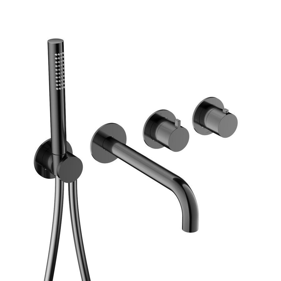 Afbouwdeel -Inbouw Bad thermostaat Hotbath Ace Met 2-Weg Stop-Omstel Met Uitloop Handdouche/ Doucheslang Gepolijst Zwart PVD