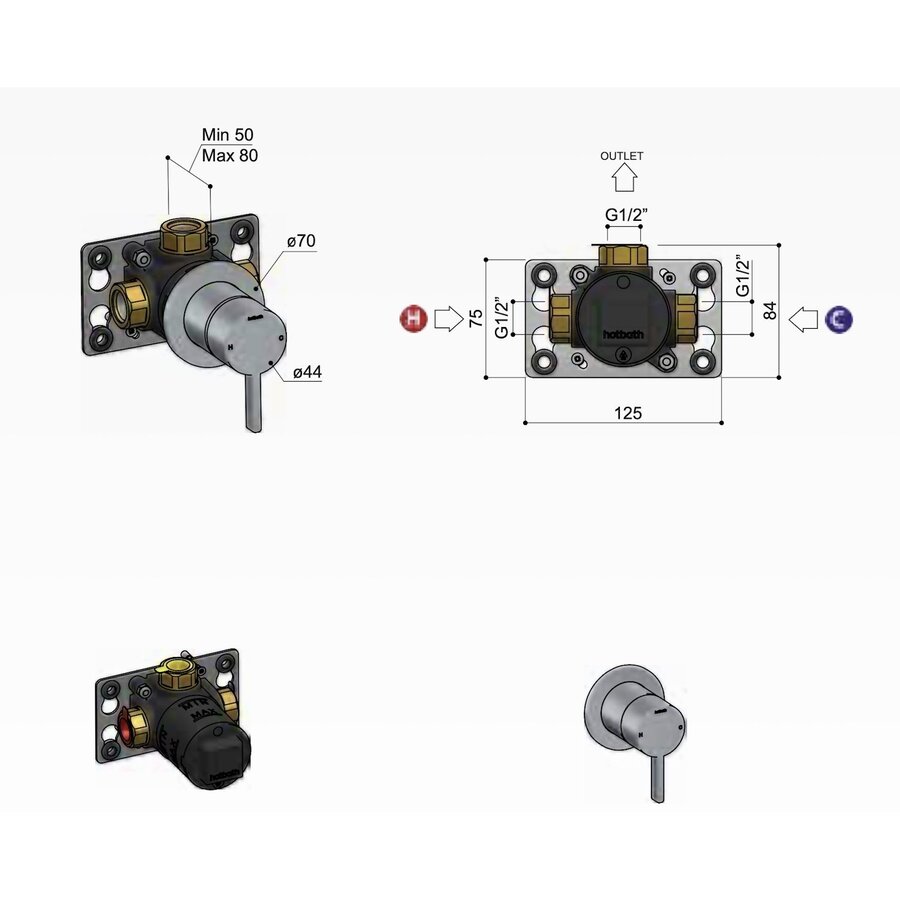 Afbouwdeel - Inbouw Douchemengkraan Hotbath Ace Geborsteld Zwart PVD