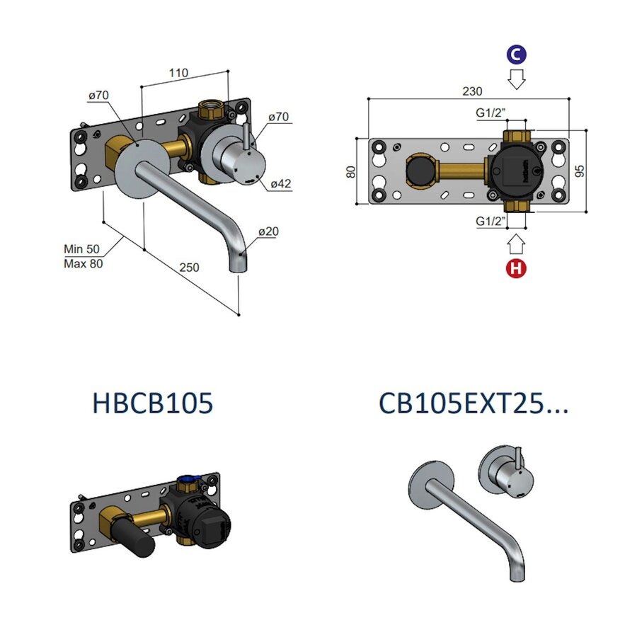Inbouw Wastafelkraan Hotbath Cobber 25cm Gebogen Uitloop 1-Hendel Chroom