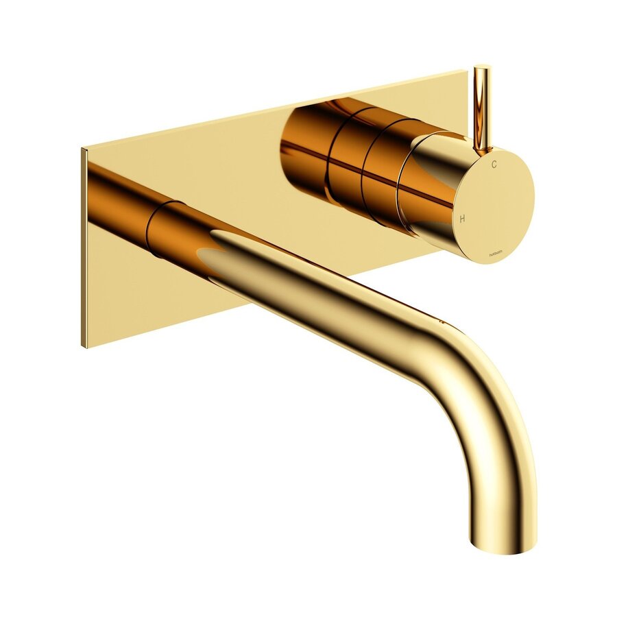 Inbouw Wastafelkraan Met Achterplaat Hotbath Cobber 18cm Gebogen Uitloop 1-Hendel Geborsteld Messing PVD