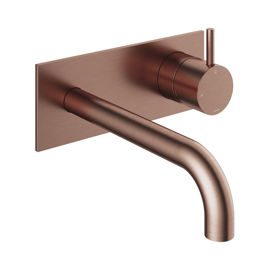 Inbouw Wastafelkraan Met Achterplaat Hotbath Cobber 18cm Gebogen Uitloop 1-Hendel Geborsteld Koper PVD