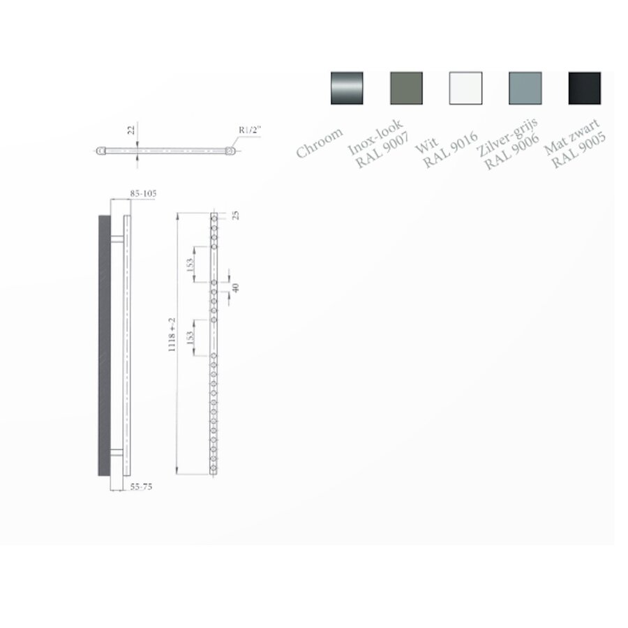 Radiator Sanicare Paxton Elektrisch 111,8 x 45 cm Gunmetal Thermostaat Chroom Linksonder