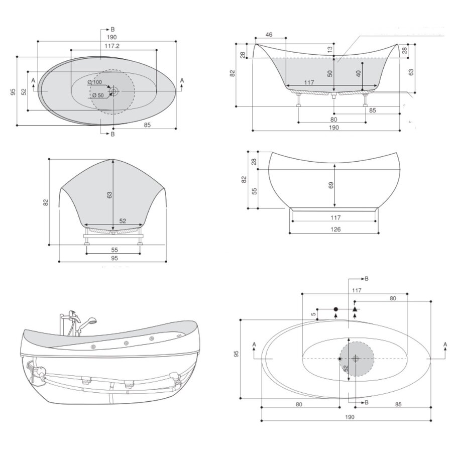 Vrijstaand Bad BWS Adonism Met Hydro Massage Jets 190x96x82 cm Mat Zwart