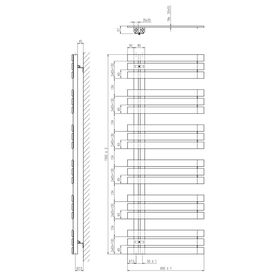 Designradiator Sapho Silvana Recht 60x150 cm 771W Wit