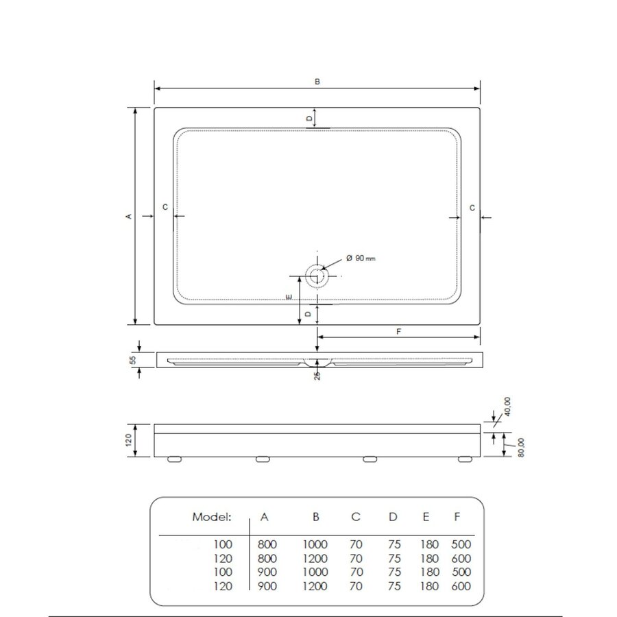 Douchebak BWS Laveria Rechthoek Arcryl 100x80cm Zelfdragend Inclusief Plint Wit