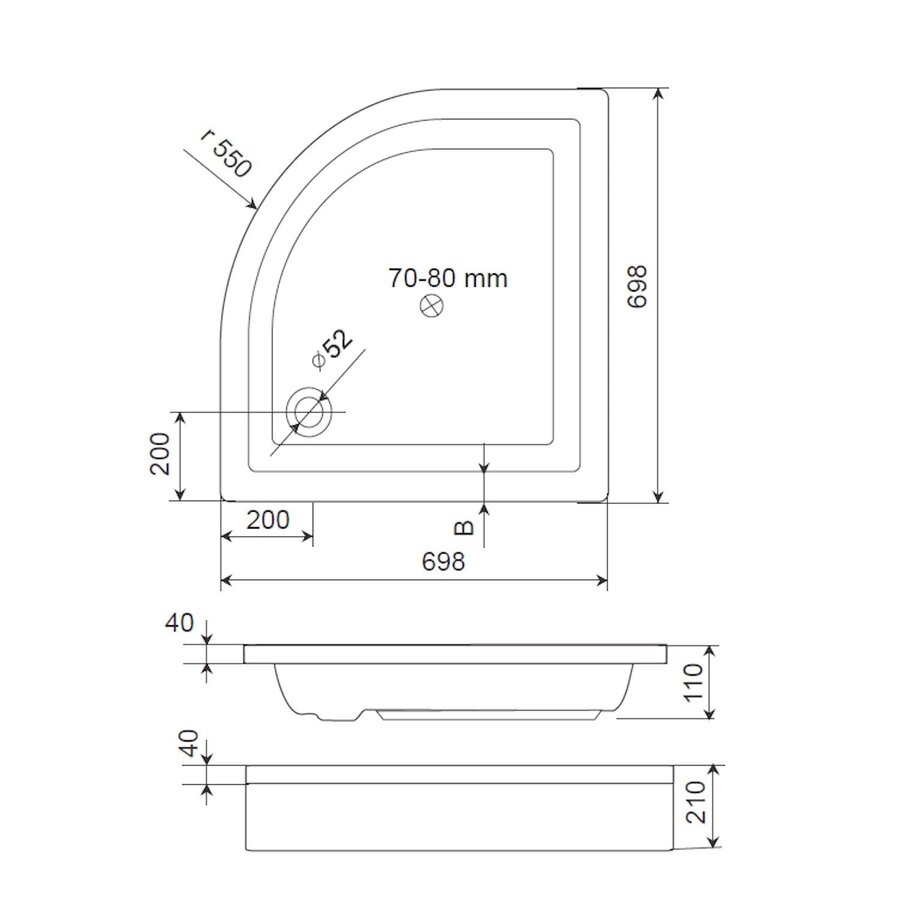 Douchebak BWS Saro Kwartrond Acryl 70x70cm Inclusief Plint Wit