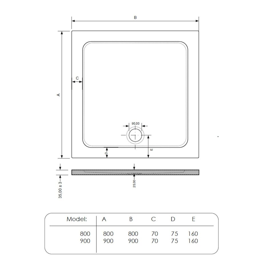Douchebak BWS Dana Vierkant Cast Marble 90x90 cm Zelfdragend Mat Zwart