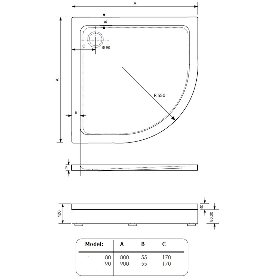 Douchebak BWS Ailah Kwartrond Acryl 80x80cm Zelfdragend Inclusief Plint Wit