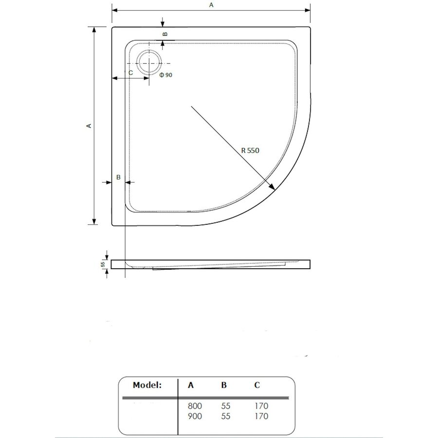 Douchebak BWS Ailah Kwartrond Acryl 80x80cm Zelfdragend Wit