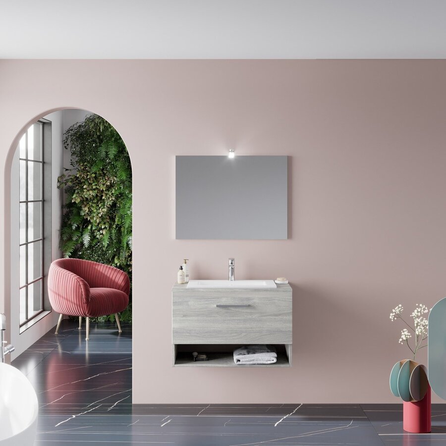 Badkamermeubelset Van Marcke Limone Compleet Set 80cm Grijs Eiken Met Spiegel