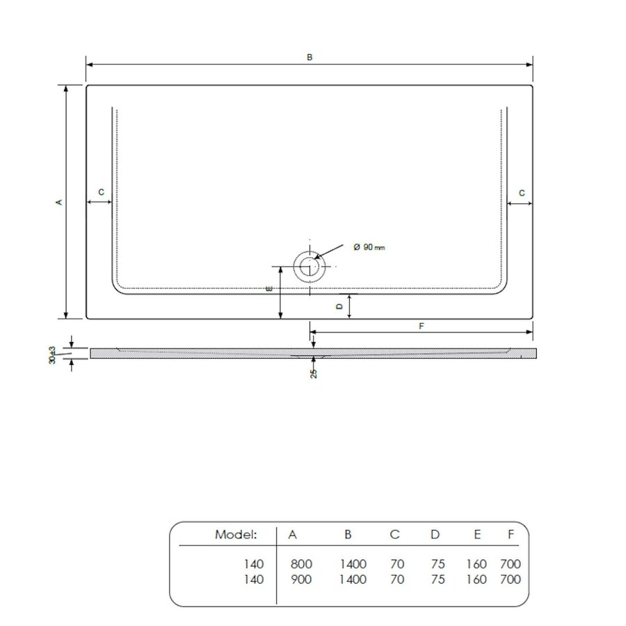 Douchebak BWS Dana Rechthoek Cast Marble 140x80 cm Zelfdragend Mat Zwart