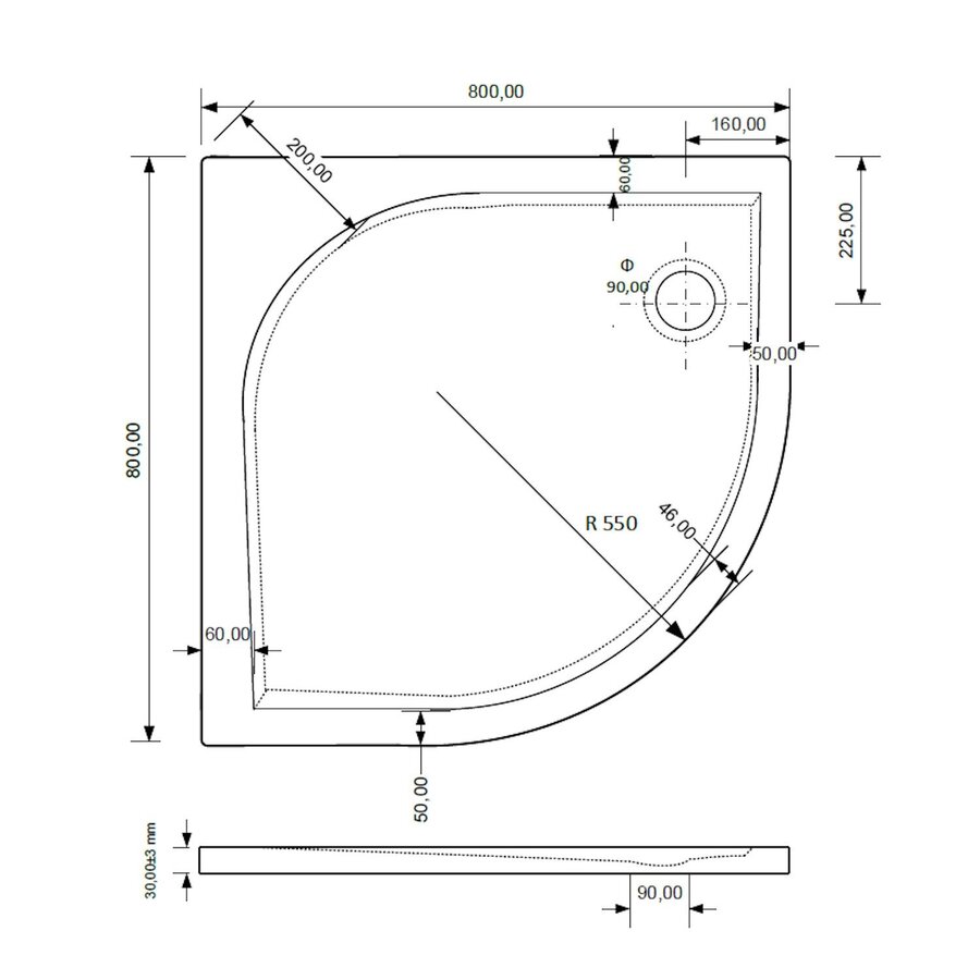 Douchebak BWS Kwart Rond Cast Marble 80x80 cm Zelfdragend Wit