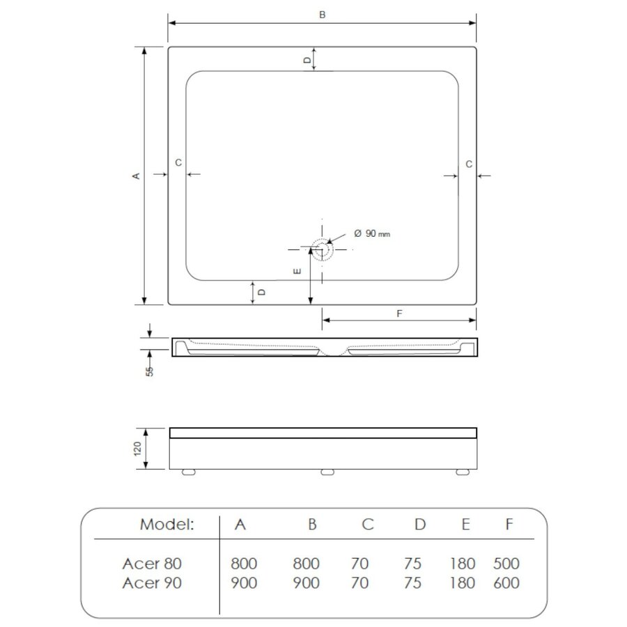 Douchebak BWS Racer Vierkant Acryl 80x80 cm Wit Inclusief Plint